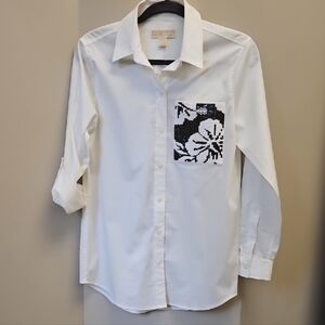 NWT MICHAEL Michael Kors White Button Down Shirt with Black Floral Pocket